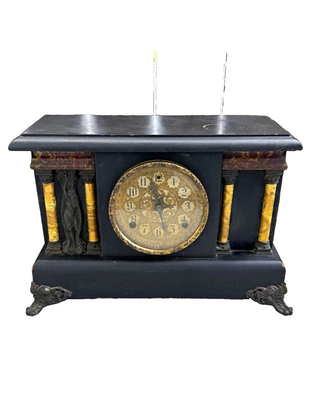 Antique Sessions Black Mantel Clock Ornate Gold Columns Gong Pendulum 16.75”